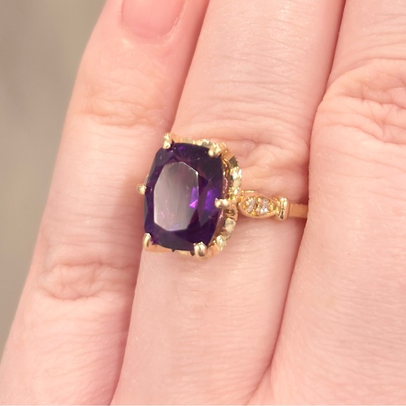 14K Amethyst Diamond Solitaire Ring: Dark Cushion Cut Elegant Milgrain Size 6.5 - Picture 9 of 14